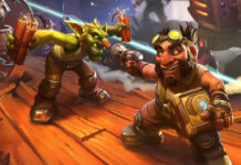 A gnome and a goblin duking it out in a promotional image for Season 4 of Hearthstone Battlegrounds.