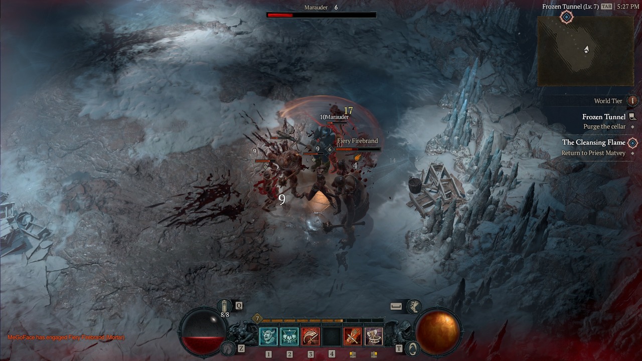 A Barbarian spinning into a pack of mobs with Whirlwind in Diablo 4.