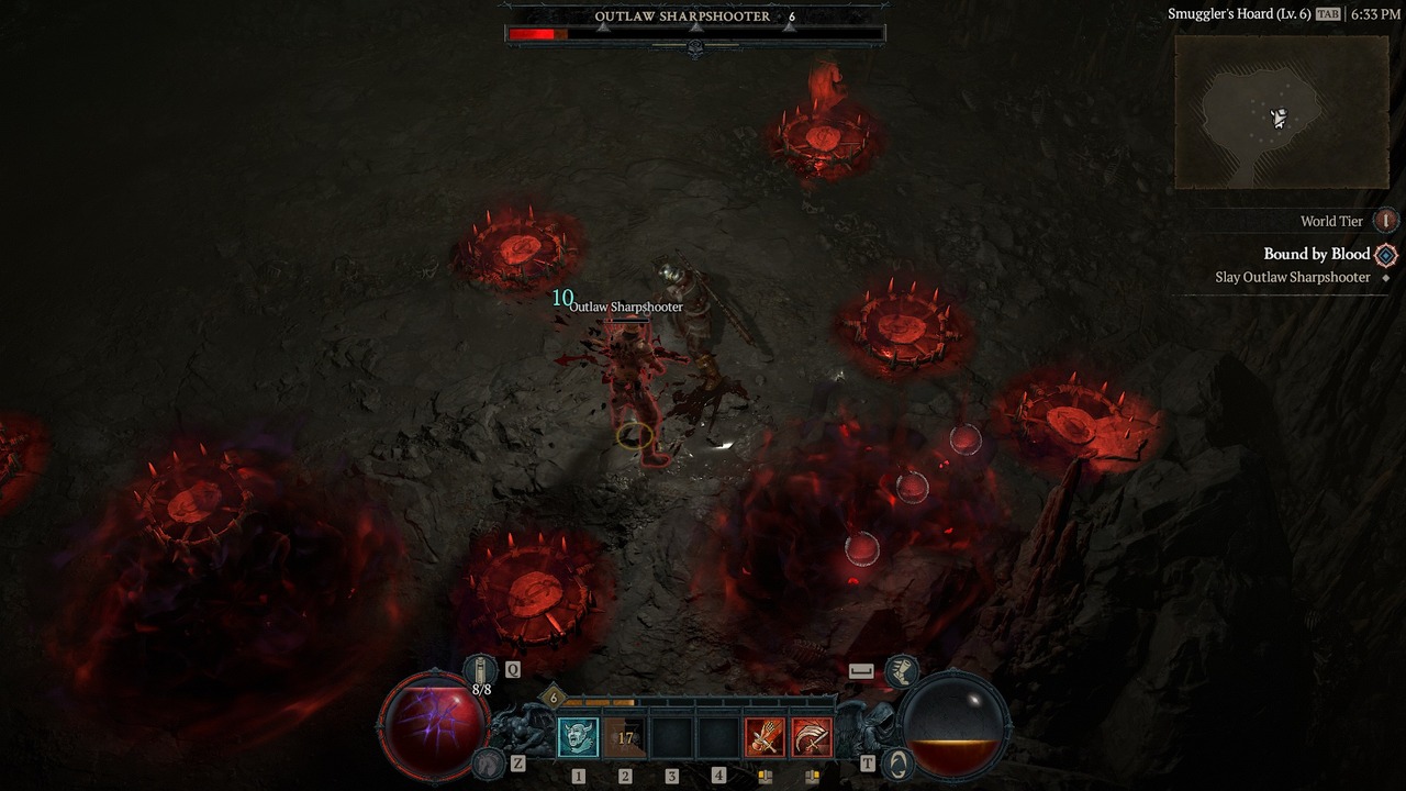 A bleed effect Barbarian dealing with a boss in Diablo 4.