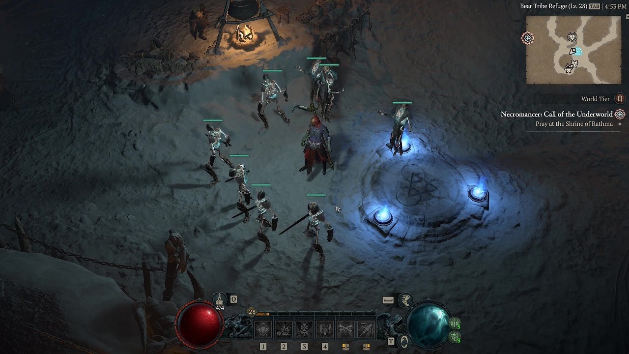 Ingame screenshot of a Necromancer sitting by a waypoint in Diablo 4.