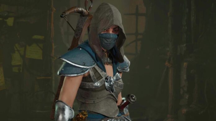 Ingame screenshot of a Rogue in the character selection screen in Diablo 4.