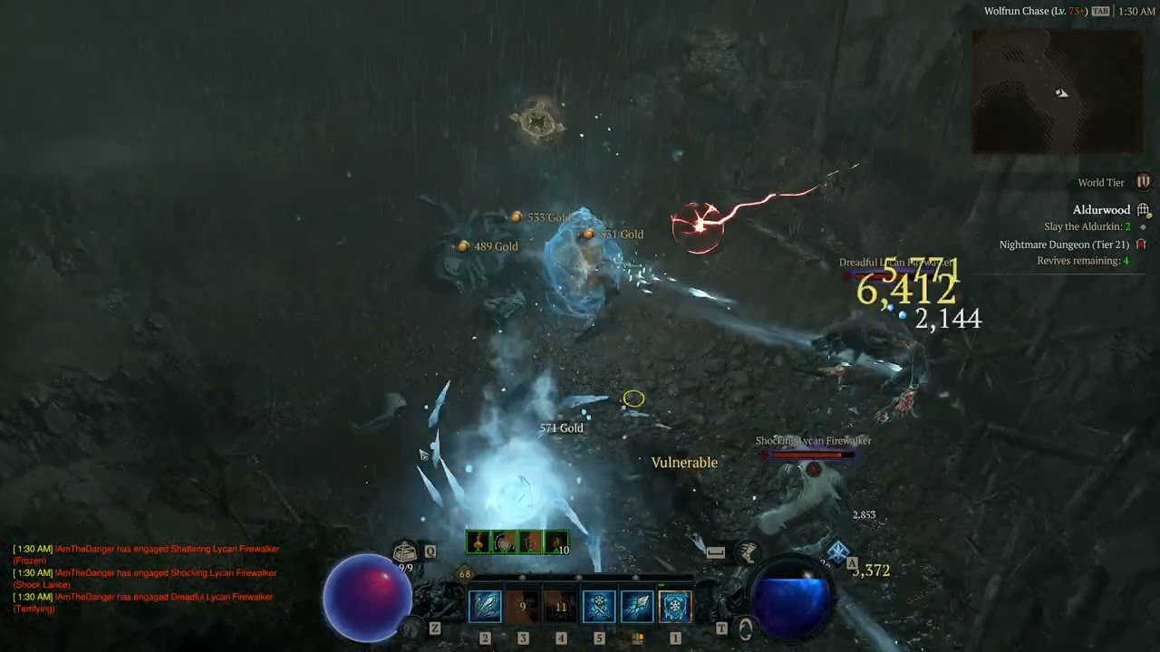 Screenshot of a Sorcerer spamming Ice Shards in Diablo 4.