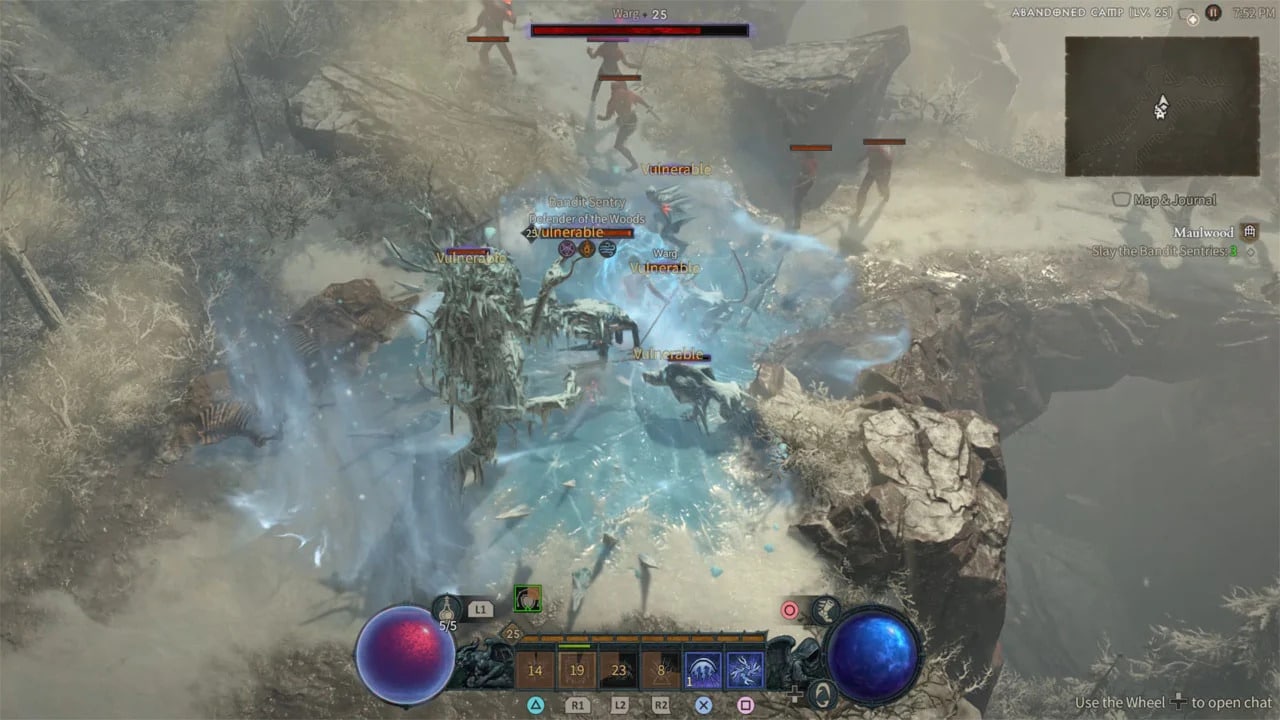 Ingame screenshot of a Sorcerer using Lightning spells to take down enemies in Diablo 4.