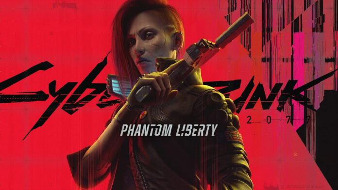 Main promotional poster for upcoming Cyberpunk 2077 DLC Phantom Liberty.