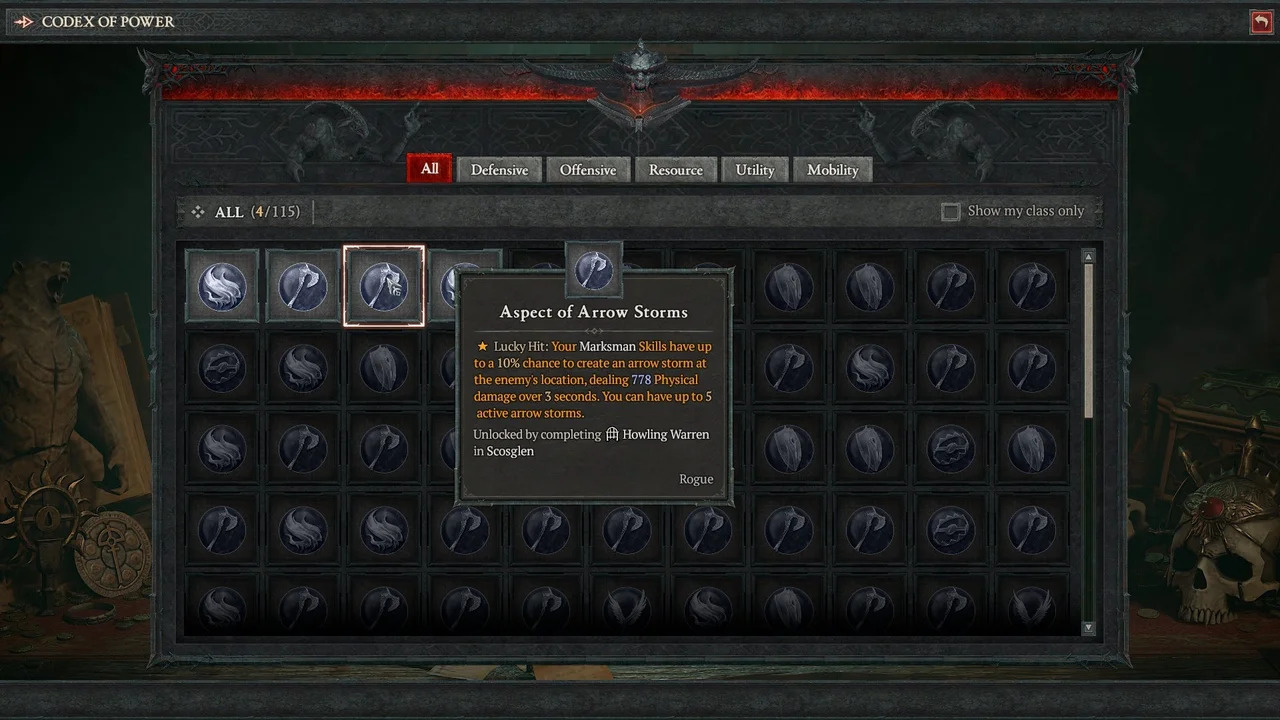 Aspect screen for a Rogue in Diablo 4.