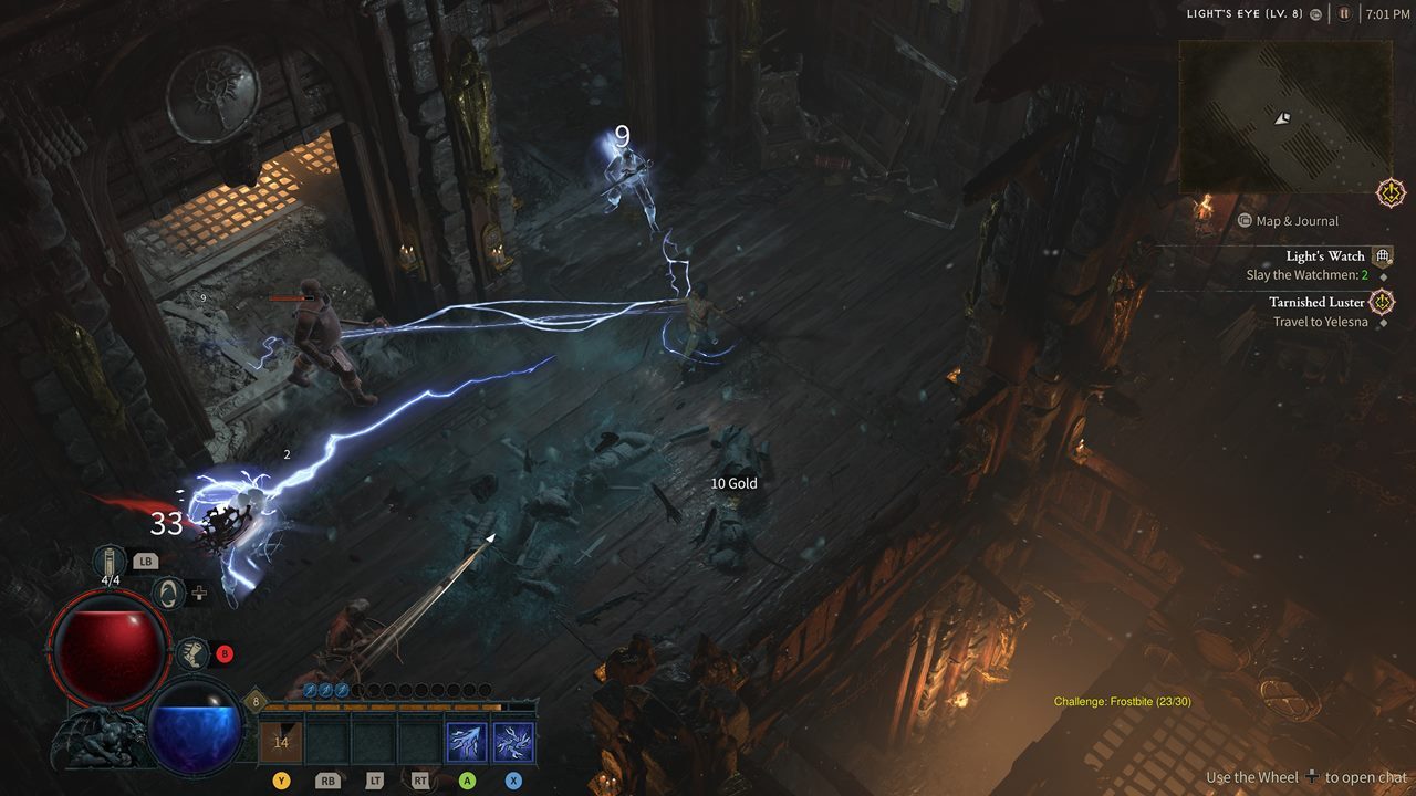 Early game Sorcerer using lightning skills in Diablo 4.