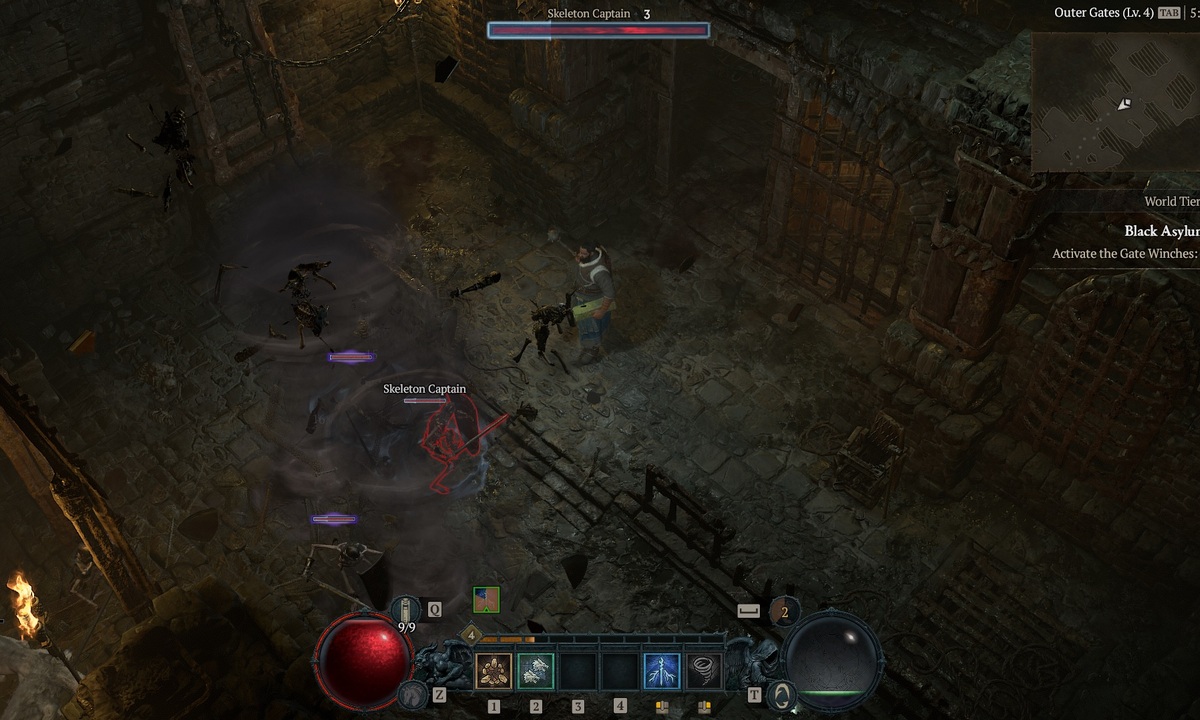 Ingame screenshot of Diablo 4 Druid using Tornado on a pack of enemies.