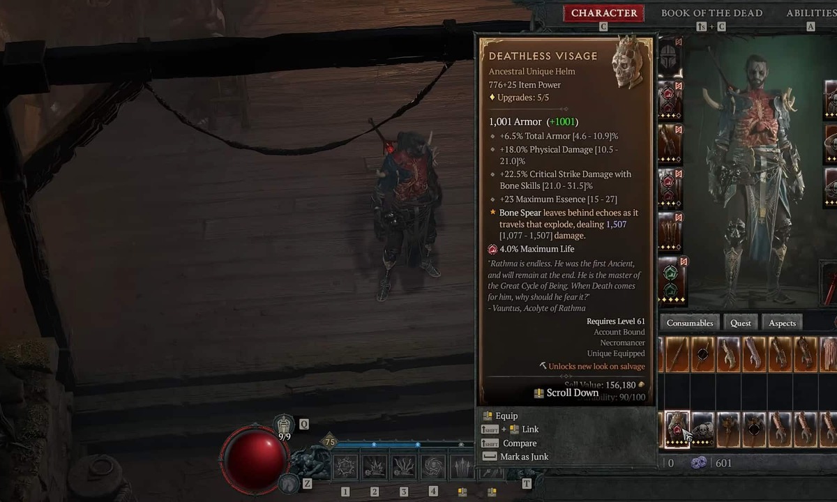 One of the best helms for a Necromancer in Diablo 4, Deathless Visage.