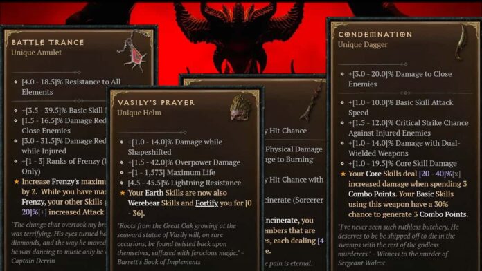 Some of the great unique items that can be found in Diablo 4.