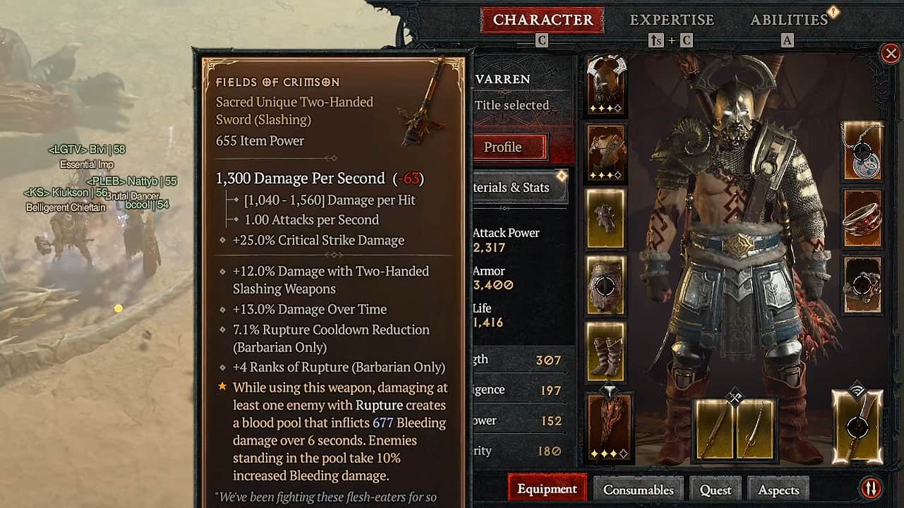 One of the best Uniques for a Barbarian in Diablo 4.