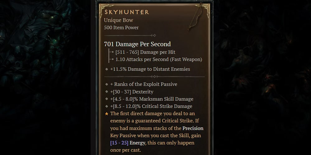One of the best bows in Diablo 4, Skyhunter.