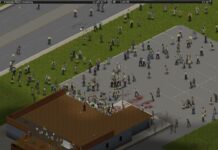 A player slowly getting surrounded by zombies in Project Zomboid.