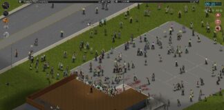 A player slowly getting surrounded by zombies in Project Zomboid.