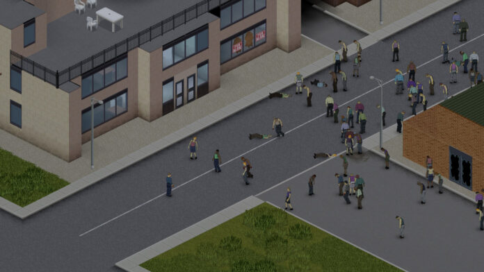 A screenshot with a survivor surrounded by zombies in Project Zomboid.